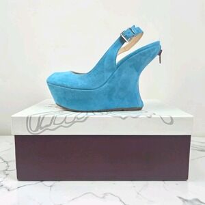 Luxury Turquoise Suede Peep-toe Platform Slingback Wedge Sandal Size 38 NIB $458